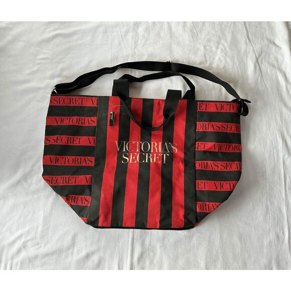 Victoria's Secret Handbags - Victoria's Secret Red/Black Striped Large Tote/Beach Bag, NWT, Zipper, Crossbody